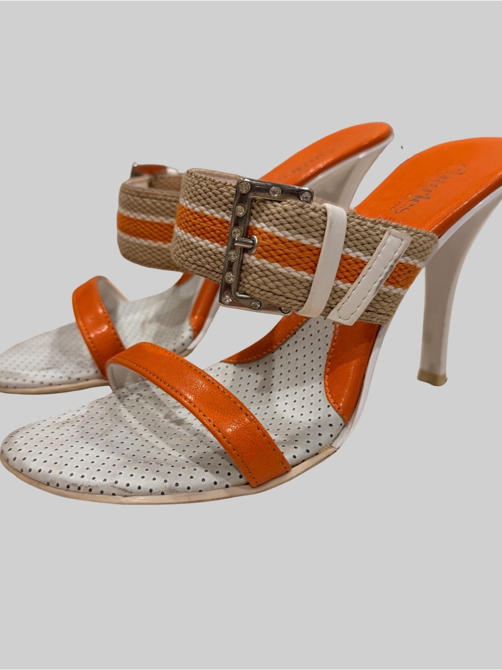 CHARLES DAVID Vintage 90s Sz 36 Orange & Beige High Heel Sandal
